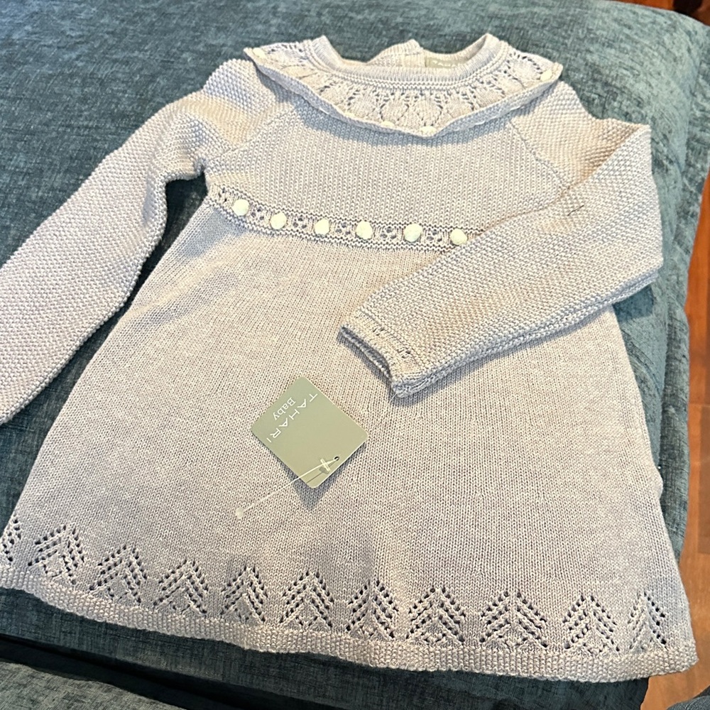 Tahari Light Gray Knit Dress with Lace Yoke and Pearl Accents
